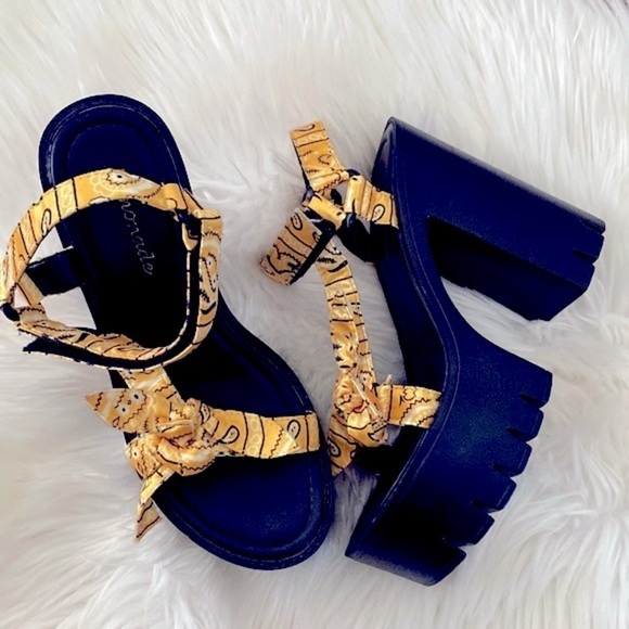 lemonade Shoes - Lemonade yellow bandanna platform sandals heels